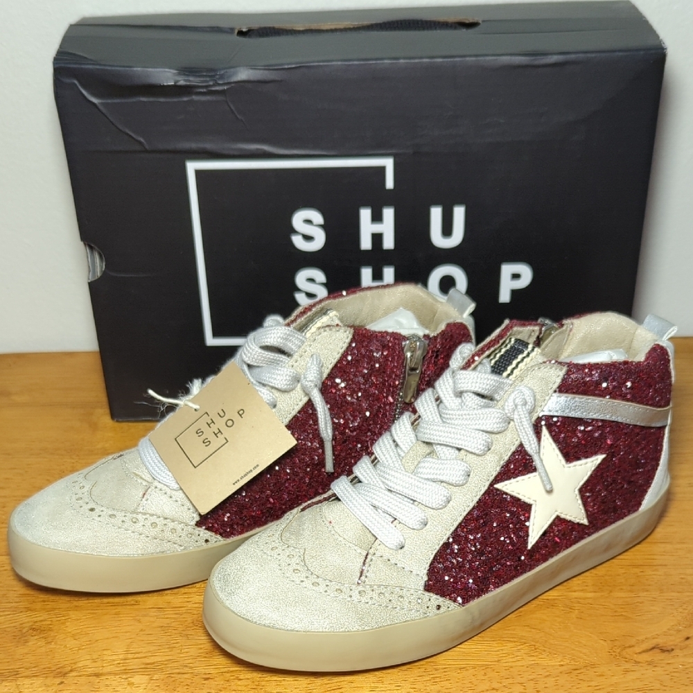 Shu Shop Paulina Sneakers Dark Red Glitter Hi-Top Faux Leather NEW Girls Size 2